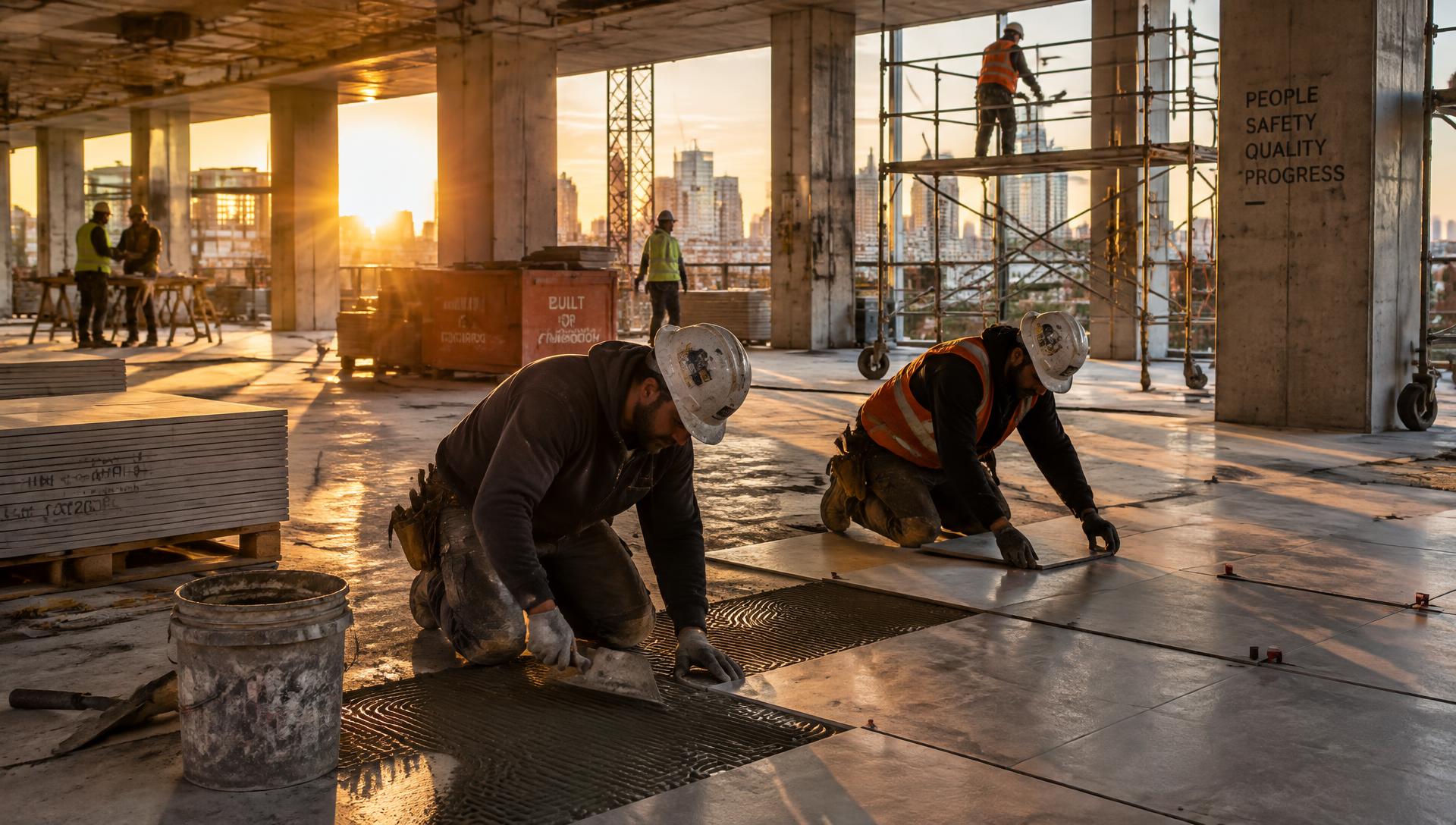 Fliesenleger auf einer Gewerbebaustelle